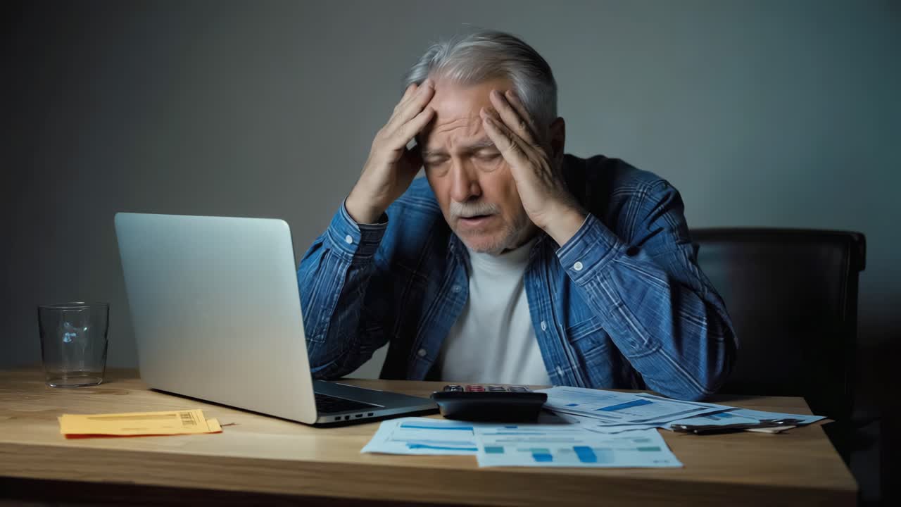 Stressed Senior Man with Financial Problems at Home
