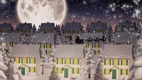 animation of santa claus in sleigh with reindeer over snow falling on winter town