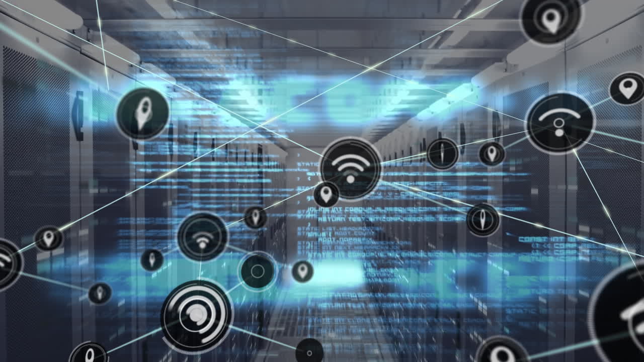 Animation of network of connections with icons over servers