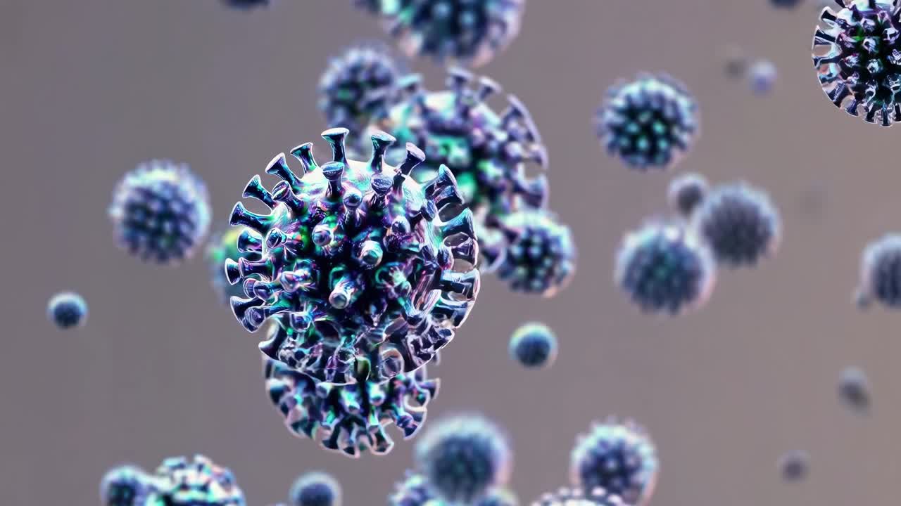 Iridescent virus cells with sharp spikes floating through neutral laboratory environment, displaying intricate microscopic viral architecture and luminescent cellular dynamics