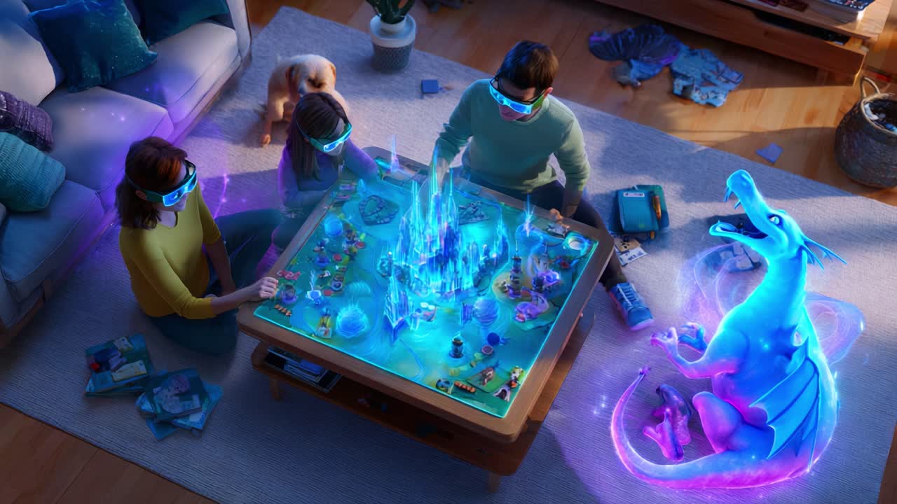 Families Engaged in a Futuristic Interactive Gaming Experience Featuring a Magical Dragon and Augmented Reality Enhancements for Fun and Imagination