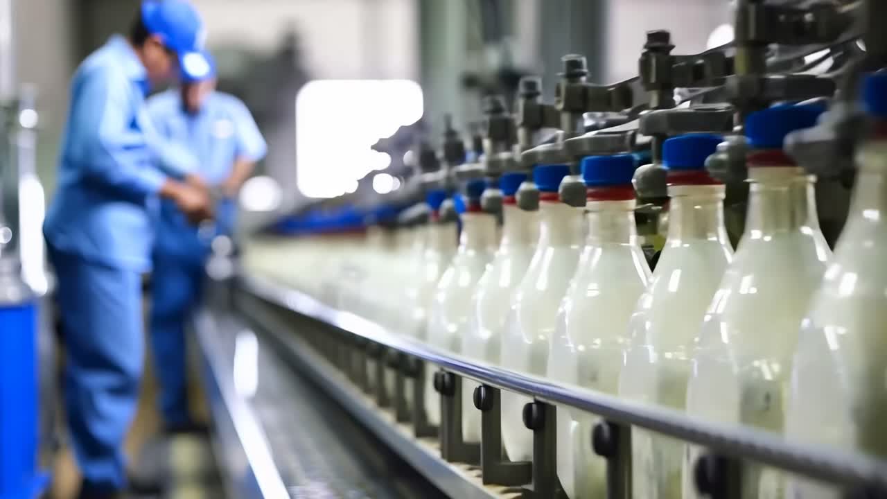 Video still of a milk bottling line in a factory, captured from a low angle, focusing on bottles