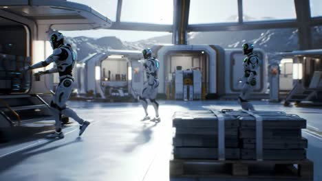 robotic automation in a futuristic spacebase: advanced drones collaborating in a high-tech environment for efficient task management and resource handling