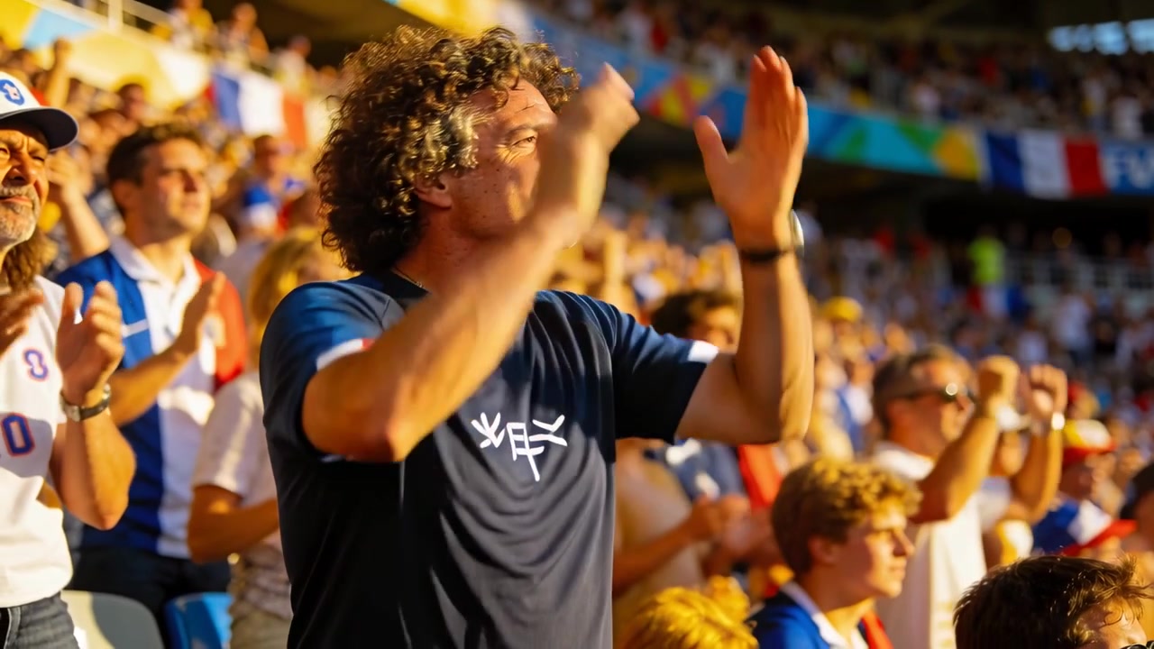 Hombre aplaudiendo con camiseta azul marino, llevando reloj de pulsera, gritando y agitando los puños tras un gol en las gradas, banderas