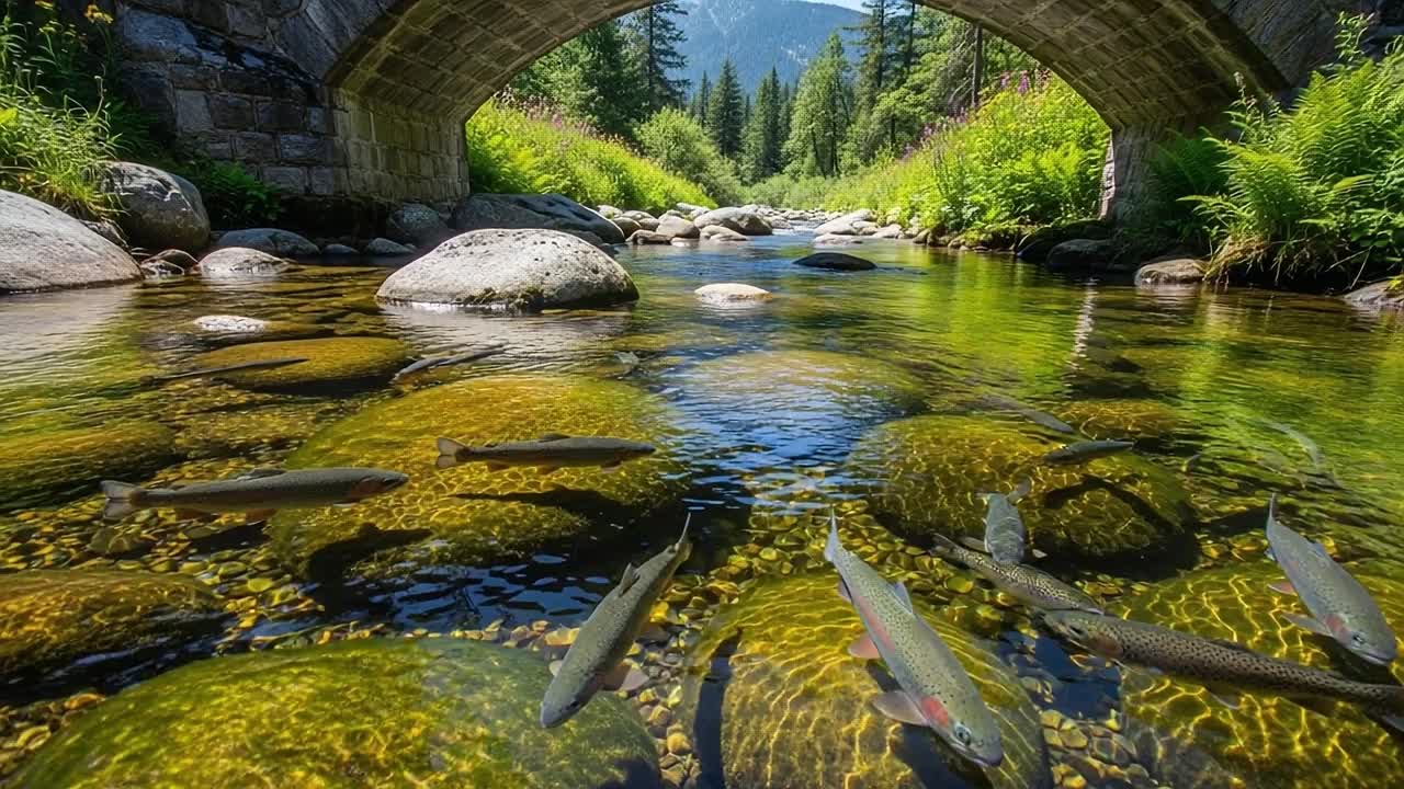 Een sereen onderwaterzicht van vissen die zwemmen tussen kleurrijke stenen onder een historische stenen brug, omringd door weelderig groen en majestueuze bergen.