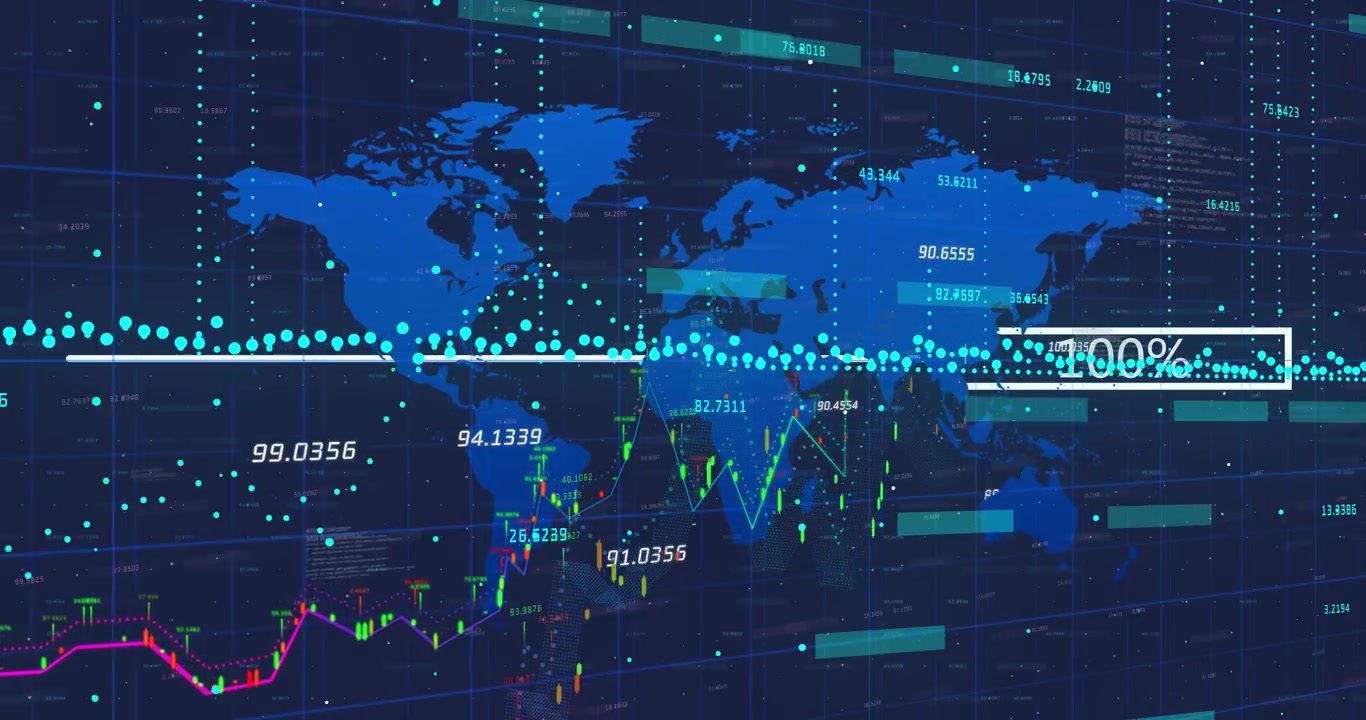 White progress bar reaching 100% initiating data dashboard showing 3D charts and real-time metrics