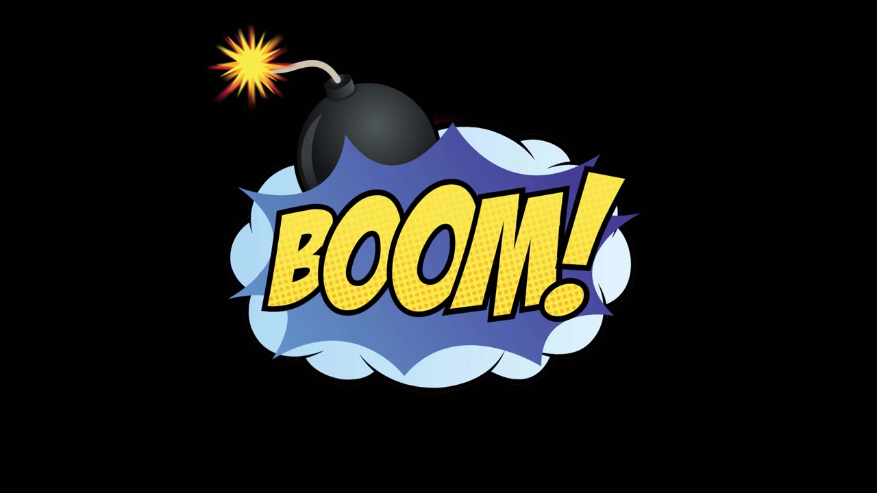 Animation af "boom" tekst over neoncirkler på sort baggrund