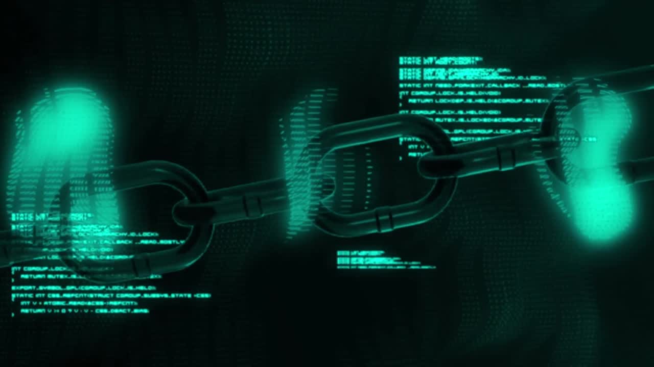 Animation of abstract pattern, blockchain and programming language against black background