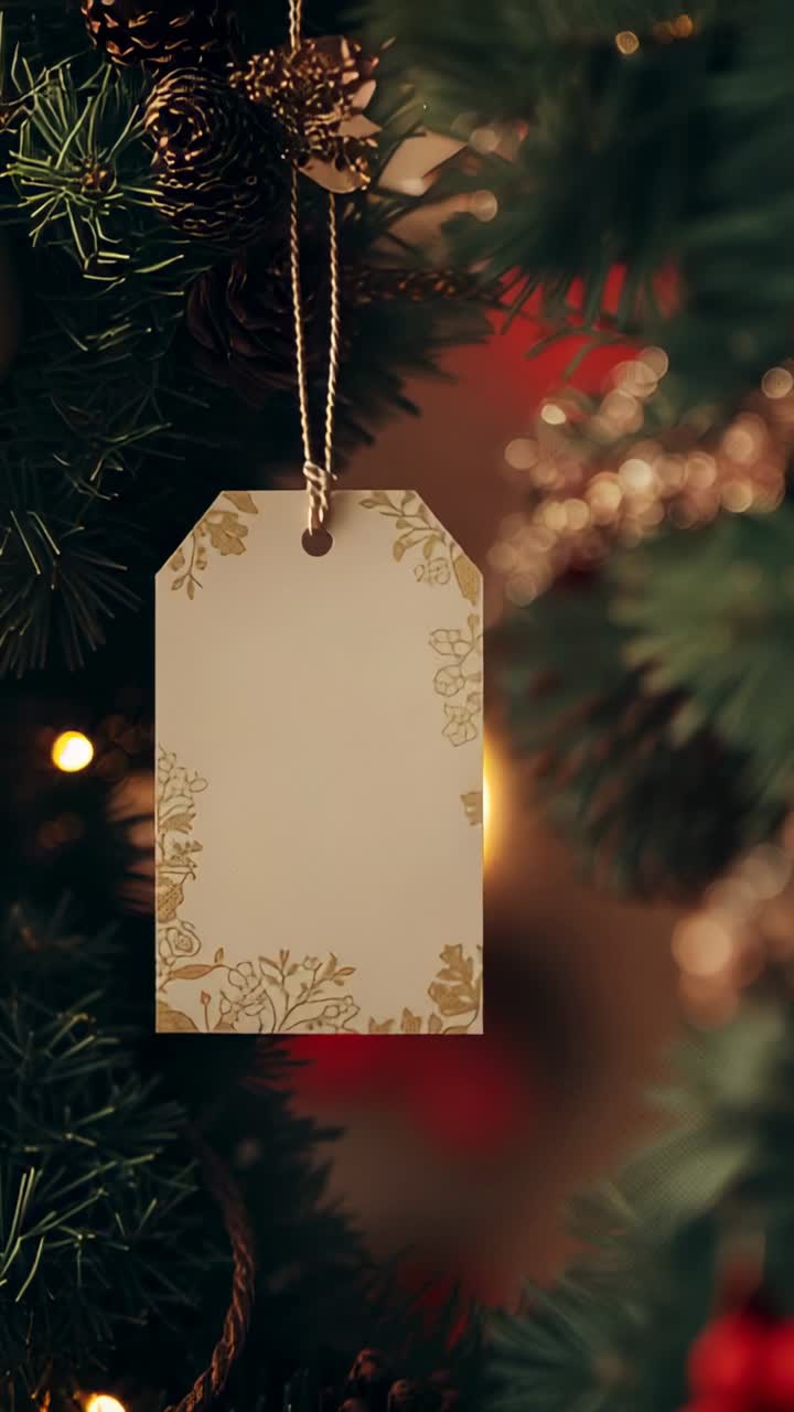 Vertical video: Swaying pine branch swinging blank gift tag in living room, warm lights flickering