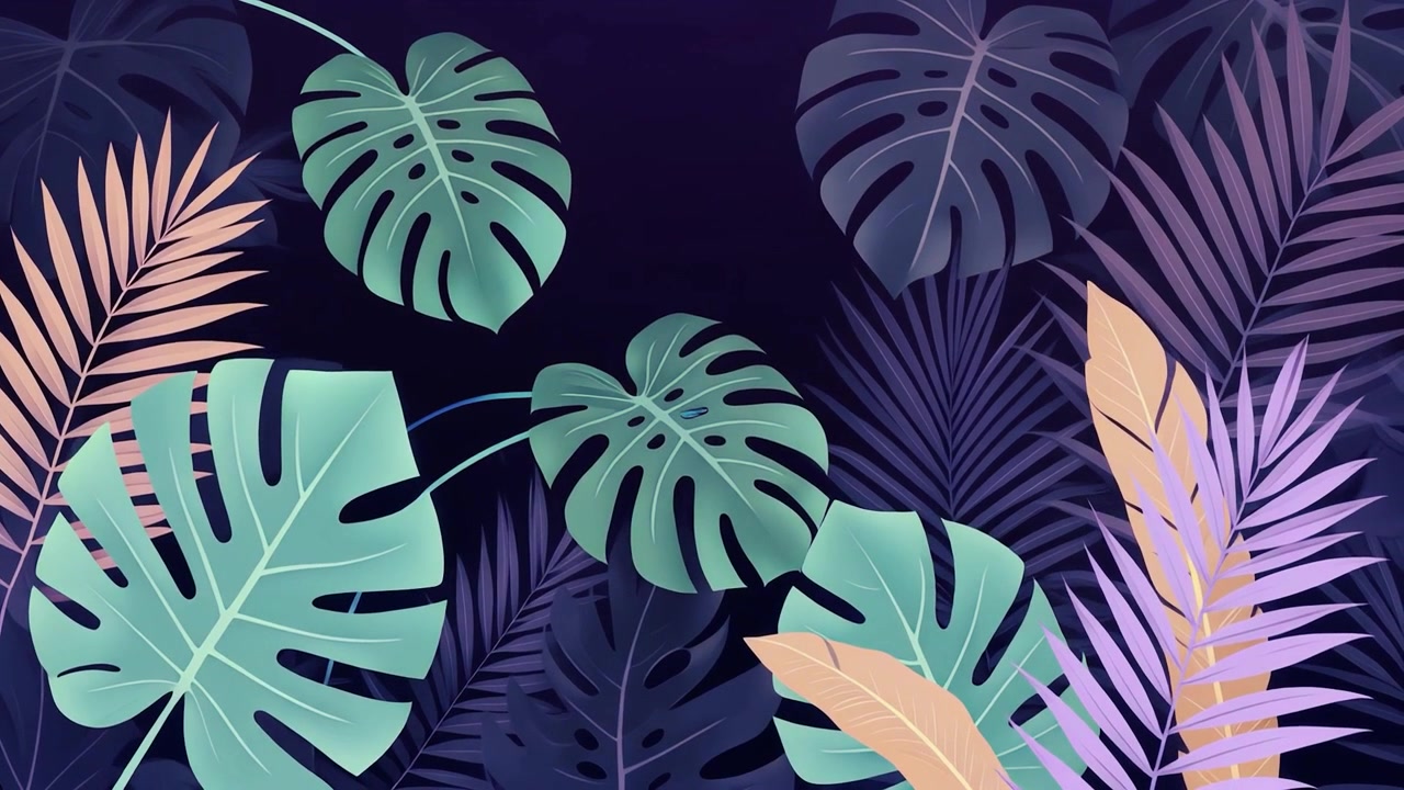 Sfondo Animato di Foglie Tropicali con Colori Vivaci Viola e Verde Acqua