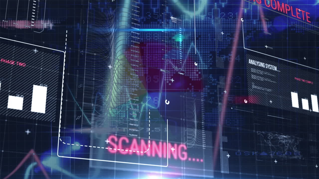 Animation of financial data processing over dark background