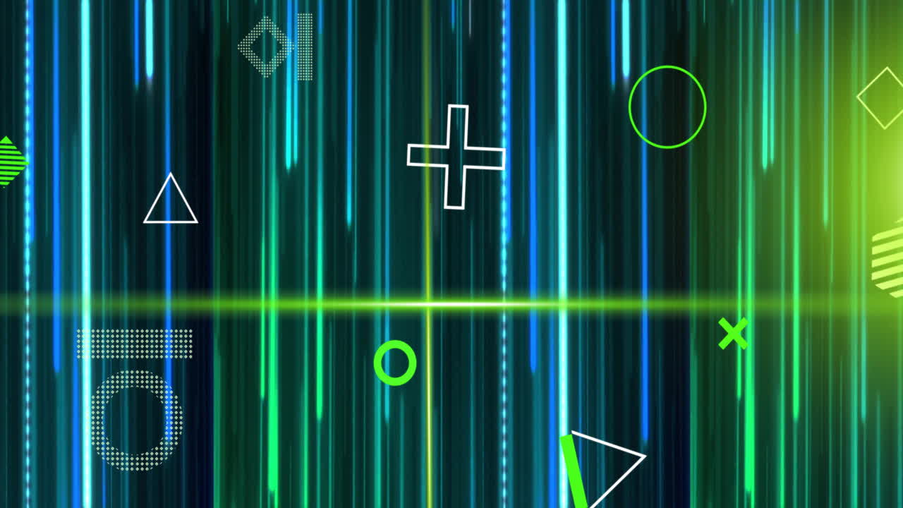 Animation of rotating 3d shapes and green scanner beams over blue lights trails on black background