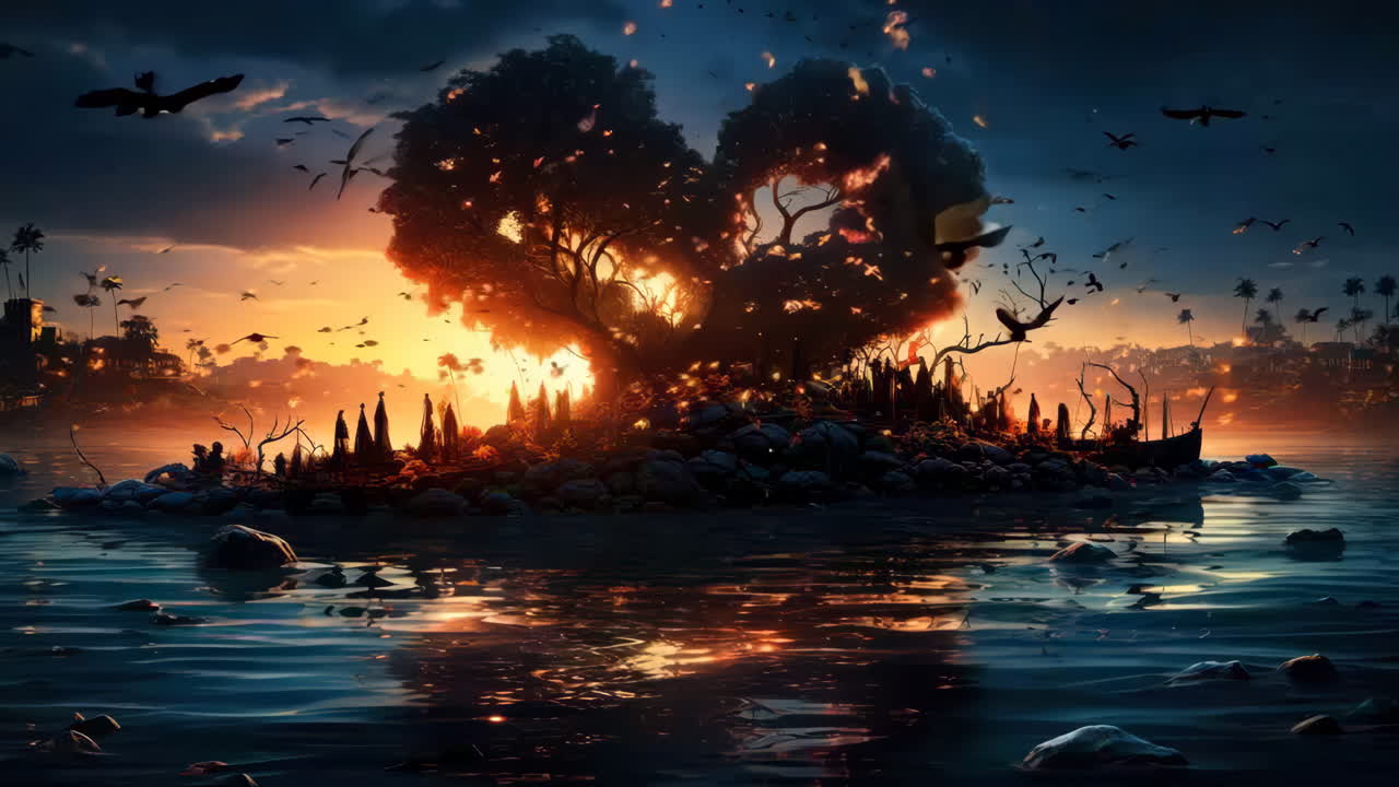 A heart made of trees is surrounded by water and rocks. The scene is dark and mysterious, with a sense of danger and destruction