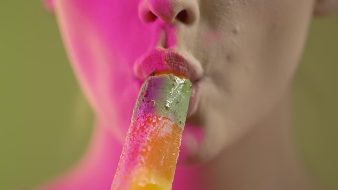 primer plano de la cara y la boca de la mujer, comiendo frutas sabor helado, tiro de estudio colorido