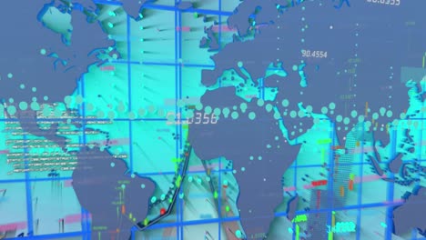 Animation-of-financial-data-and-graphs-over-world-map-on-green-background