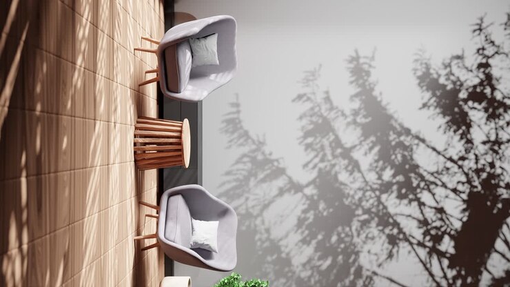 verticale di interior design moderno appartamento soggiorno con pianta albero foglia ombra su parete di sfondo rendering animazione