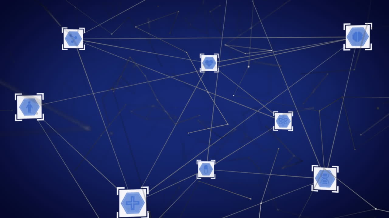 Animation of networks of connections with processor icons over blue background