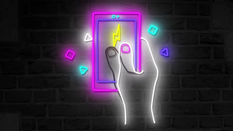 Animation-of-hand-with-smartphone-neon-on-dark-background