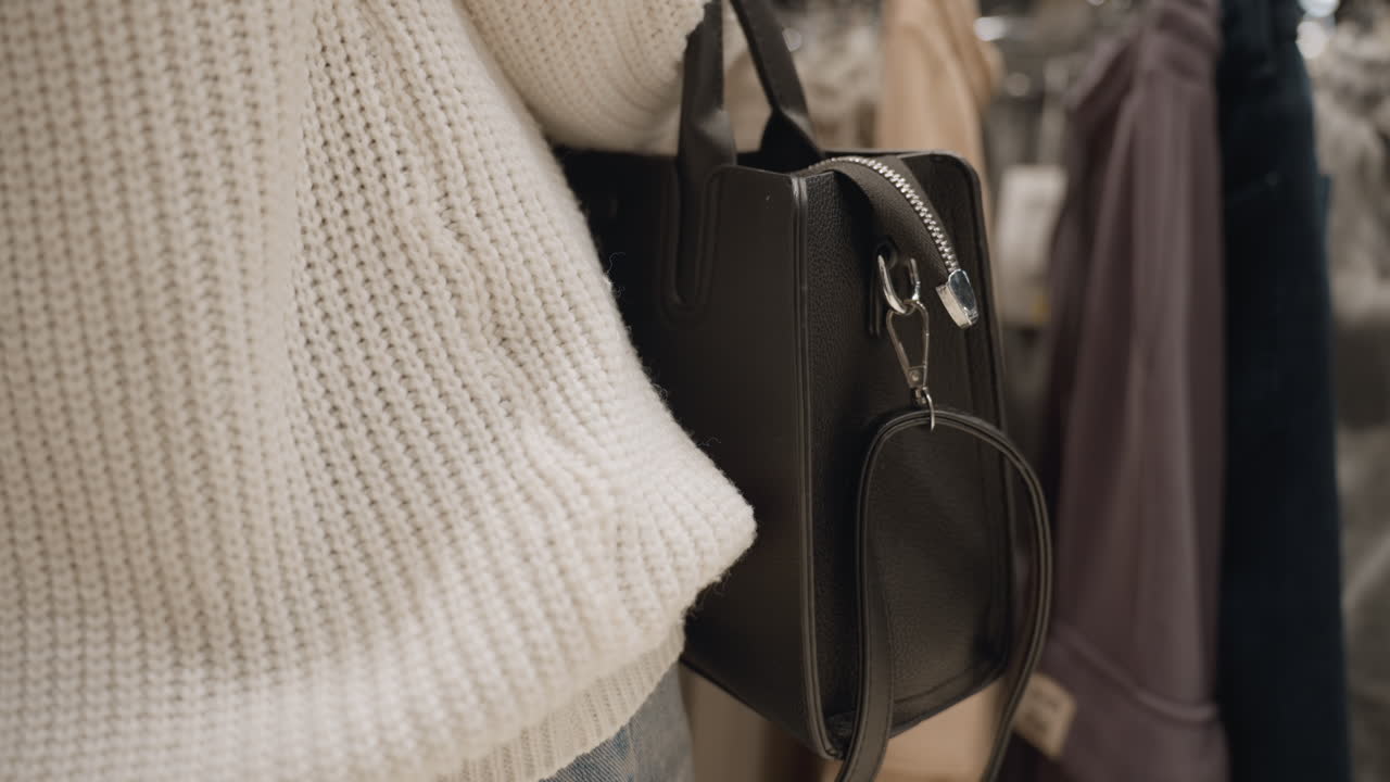 Casual mother in cozy knit sweater carrying black designer handbag walks through store aisle, reaches baggies rack, lifts beige joggers, checks size, waistband stretch, seeking perfect comfy fit