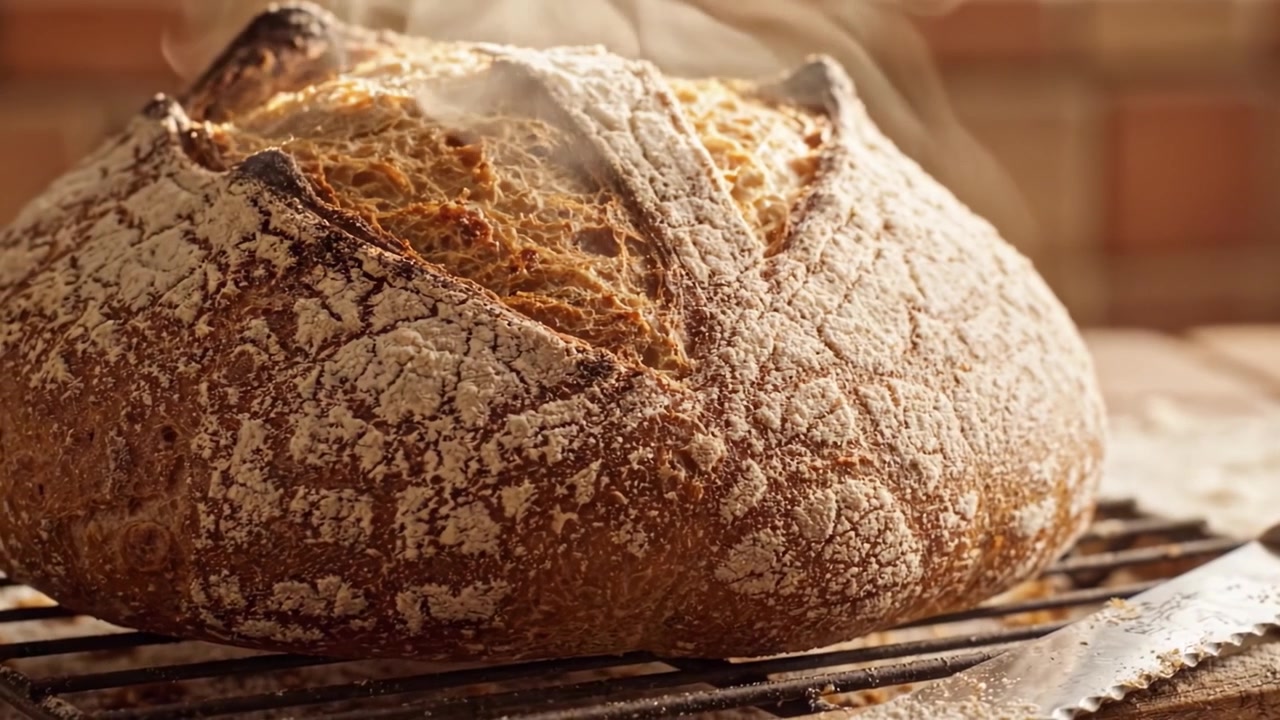 Golden Crusty Artisan Bread Freshly Baked, Showing Perfectly Crisp Texture and Delicious Aroma, Ideal for Culinary Adventures and Homestyle Baking Enthusiasts