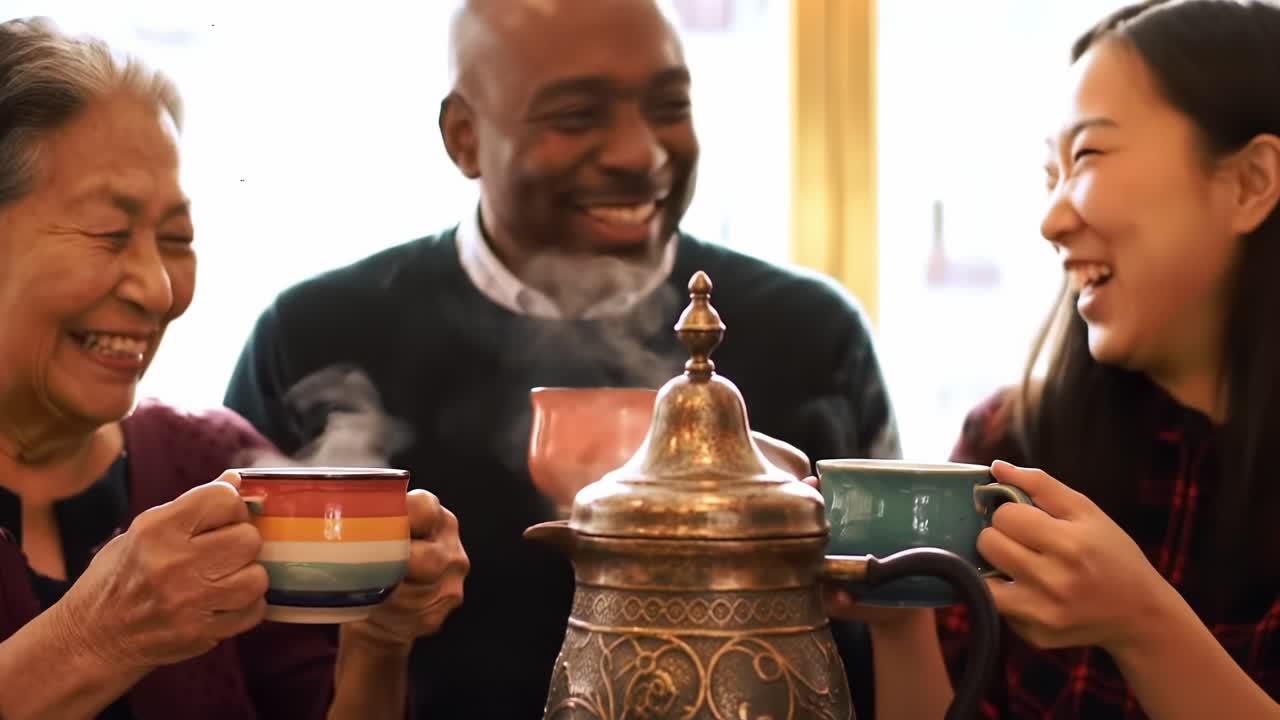 A Warm Gathering: Three Friends Celebrating Friendship and Connection Over Steaming Cups of Tea from an Exquisite Teapot in a Cozy Setting