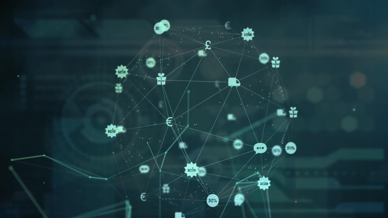 Animation af globus af digitale ikoner over digital grænseflade med databehandling på blå baggrund