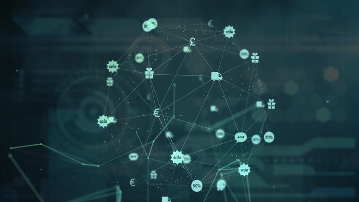 Animation af globus af digitale ikoner over digital grænseflade med databehandling på blå baggrund