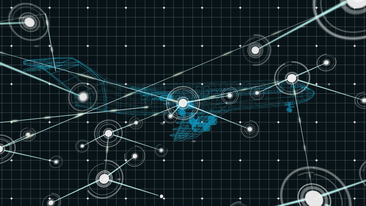 3D airplane technical drawing with network connections on black background