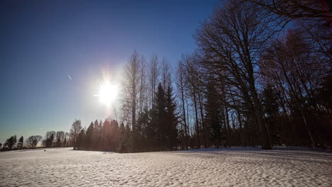 Hermoso-Lapso-De-Tiempo-Del-Sol-De-Invierno-Deslizándose-Detrás-De-Los-árboles-De-Un-Bosque-Contra-Un-Cielo-Azul