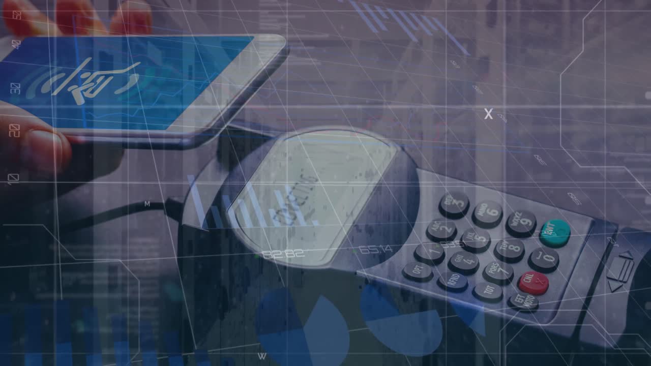 Animazione di bitcoin su smartphone e terminale di pagamento