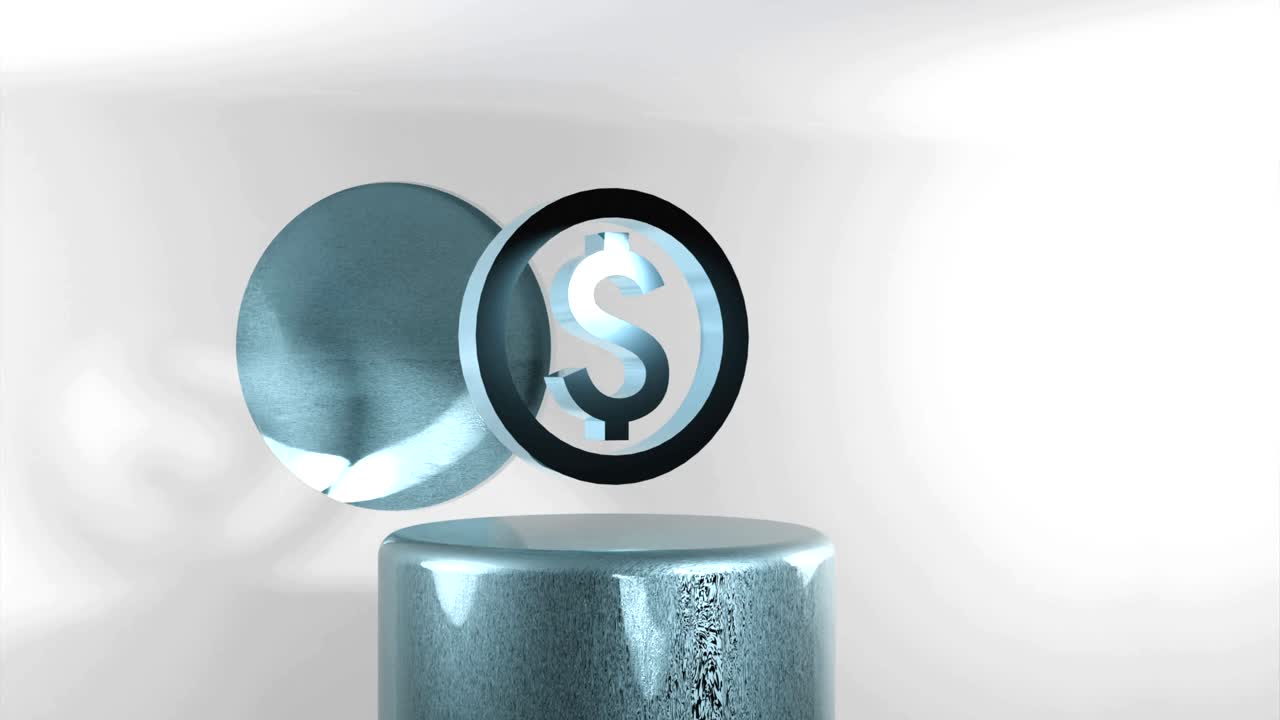 실린더 디스플레이에 떠다니는 달러 기호의 추상 3d 렌더링