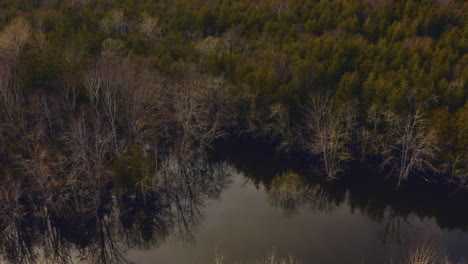 scenic aerial view flying over a river with high water levels after spring melt