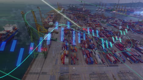 animación del procesamiento de datos sobre el puerto y el paisaje urbano.