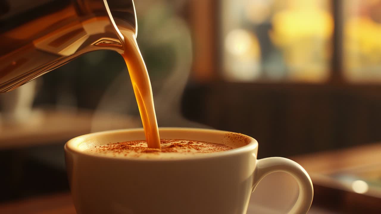 Pouring barista tilting metal pitcher into ceramic cup at cafe to fill cup with cinnamon crema