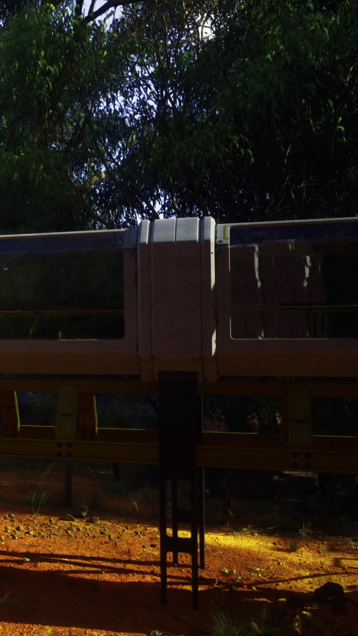 Train waits near wooded area in bright day light and narrow path