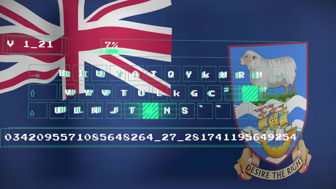 British flag and coat of arms with digital data and keyboard overlay animation