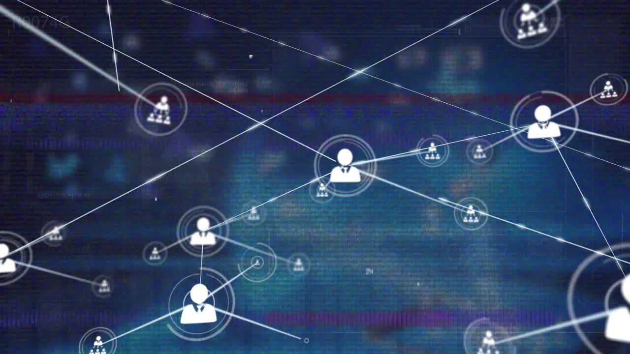 Animation of network of connections with icons over data processing