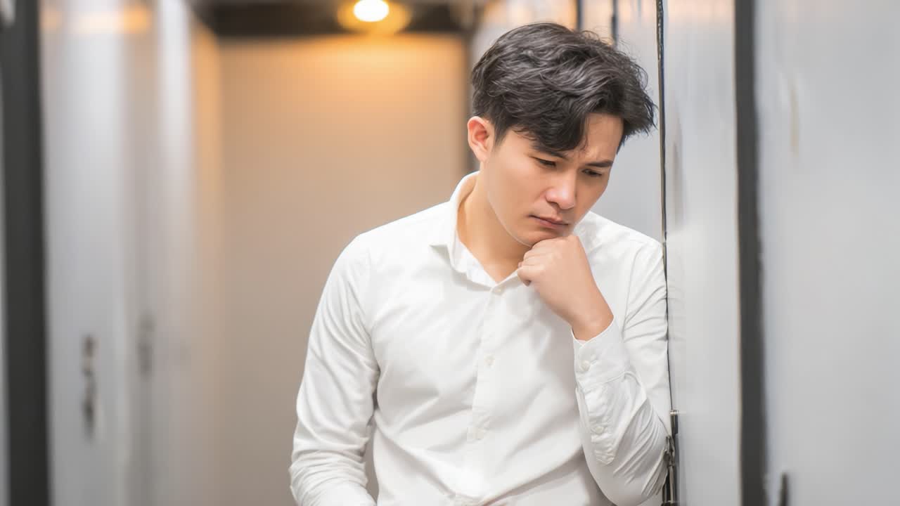 A Young Man in a White Shirt Deep in Thought, Expressing Contemplation and Emotion in a Dimly Lit Corridor, Reflecting on Life's Challenges and Circumstances