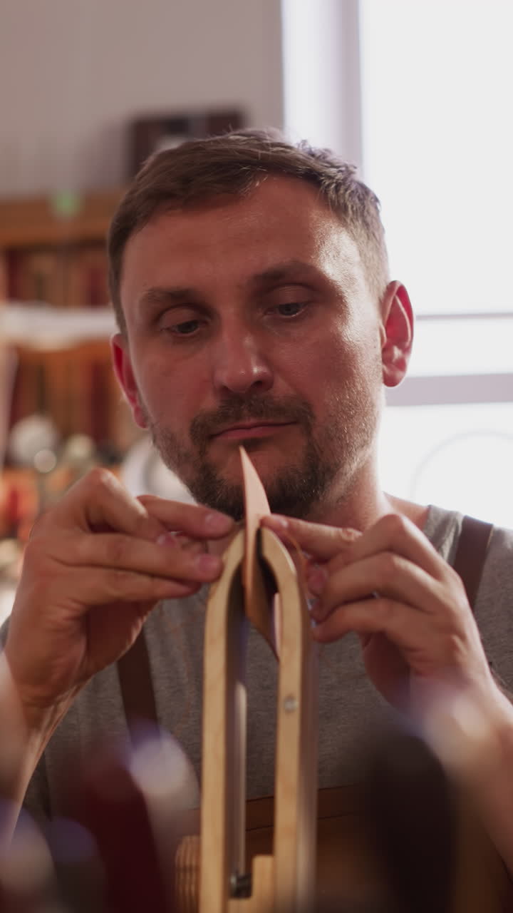 Leathersmith sews natural leather item with waxed thread in craft workshop. Traditional handcrafting demonstration. Accessory manufacturing process