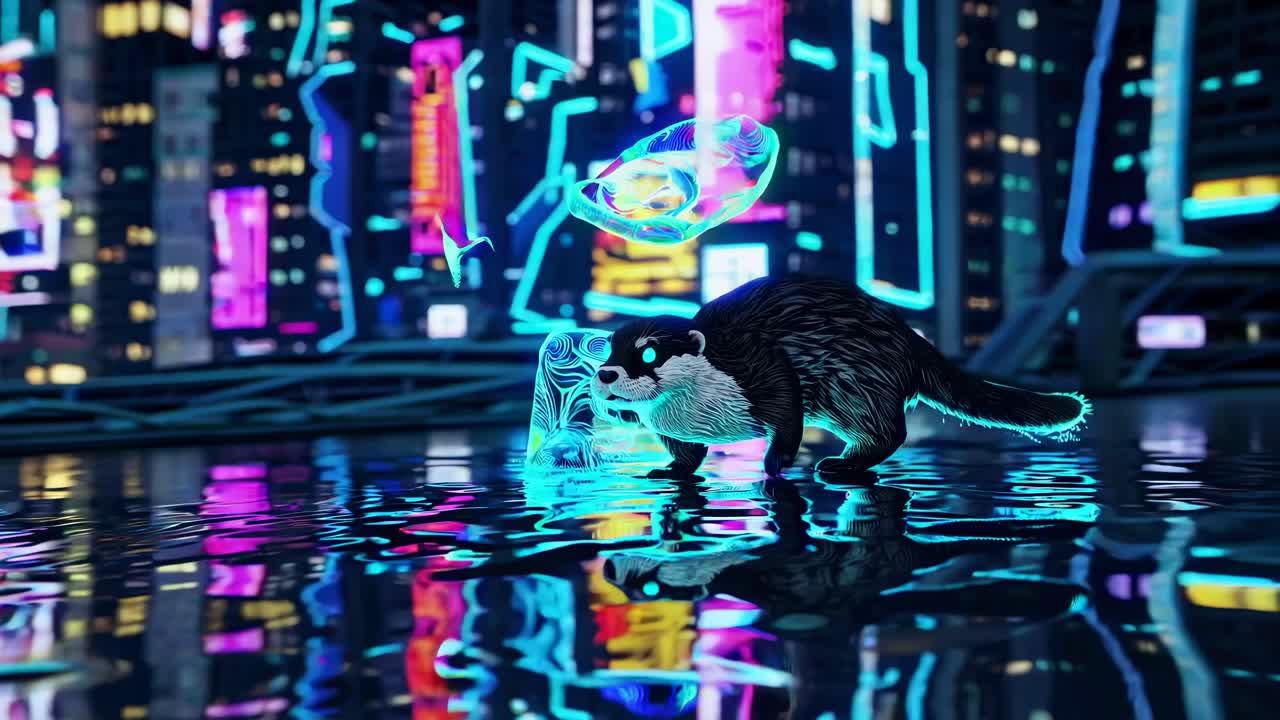 Otter in a Neon Cyberpunk City