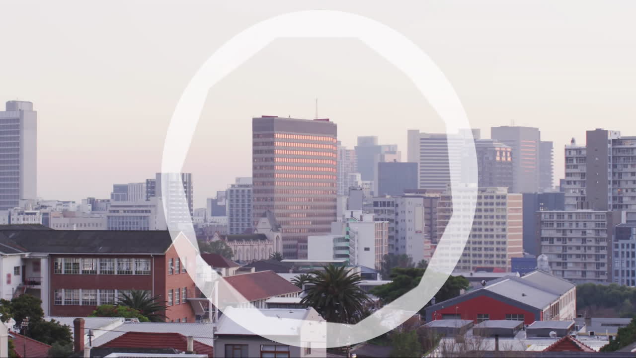 Modern buildings with city skyline and large white circle animation overlay