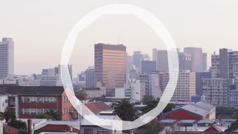 modern buildings with city skyline and large white circle animation overlay