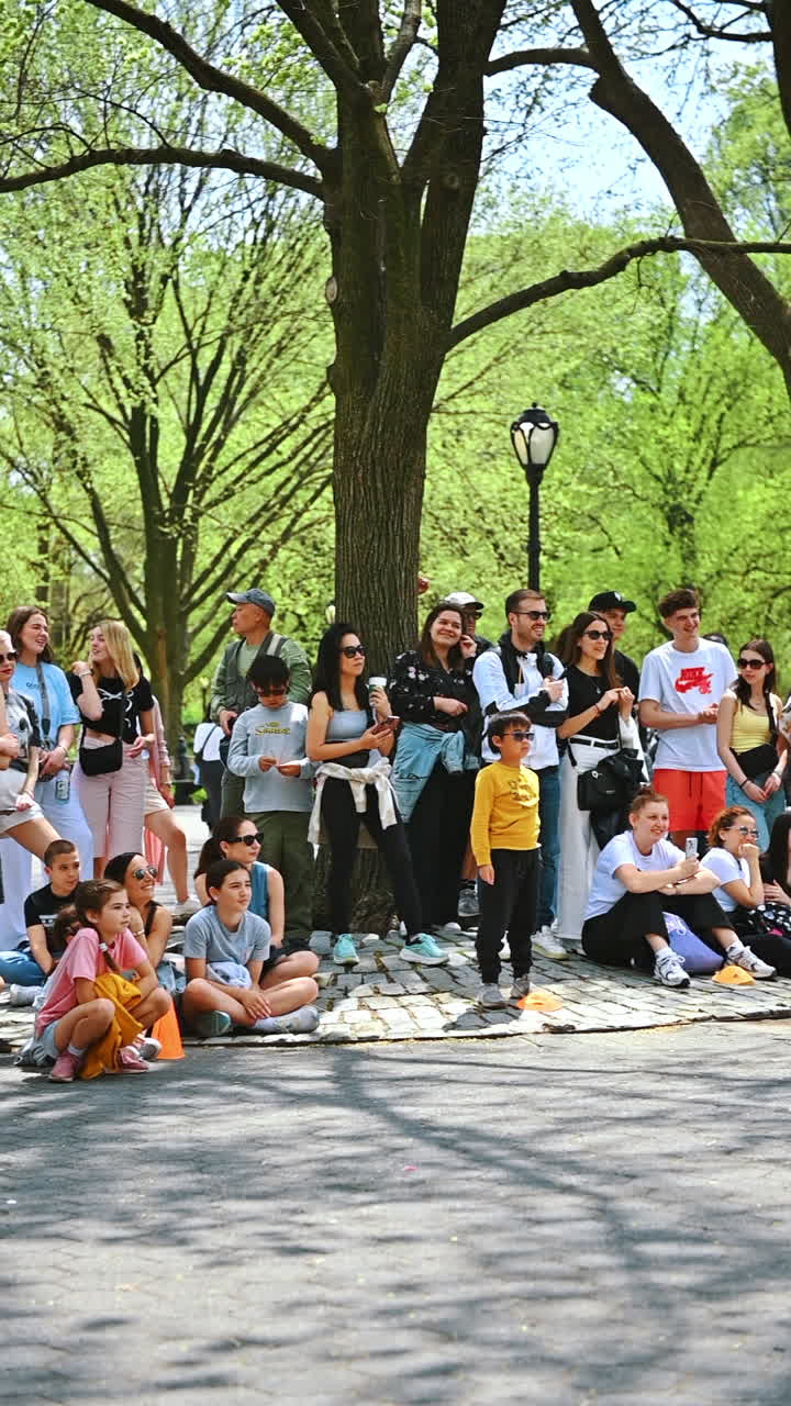Newyorkesi a un evento all’aperto. Persone riunite sotto alberi verdi a New York, mentre assistono a uno spettacolo all’aperto in una giornata di sole, tra gli applausi.