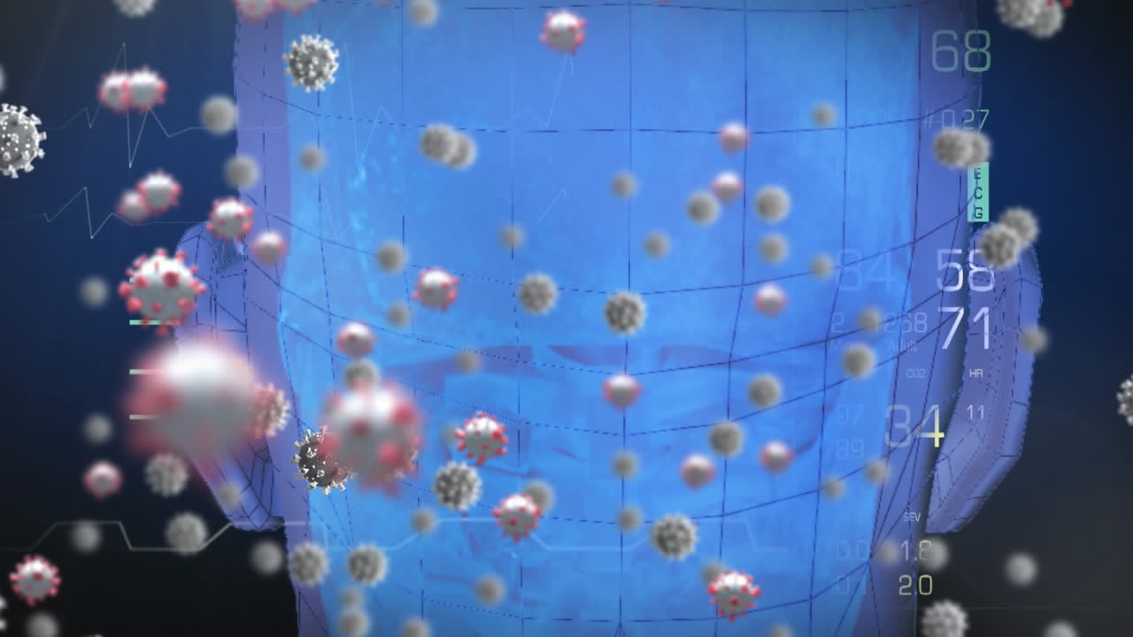 인간의 머리를 회전시키고 데이터를 처리하는 코로나19 세포의 애니메이션