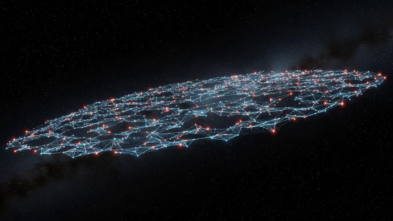 Stunning Visualization of an Interconnected Cosmic Network with a Futuristic Design Illuminated by Dazzling Red Points in the Vastness of Space