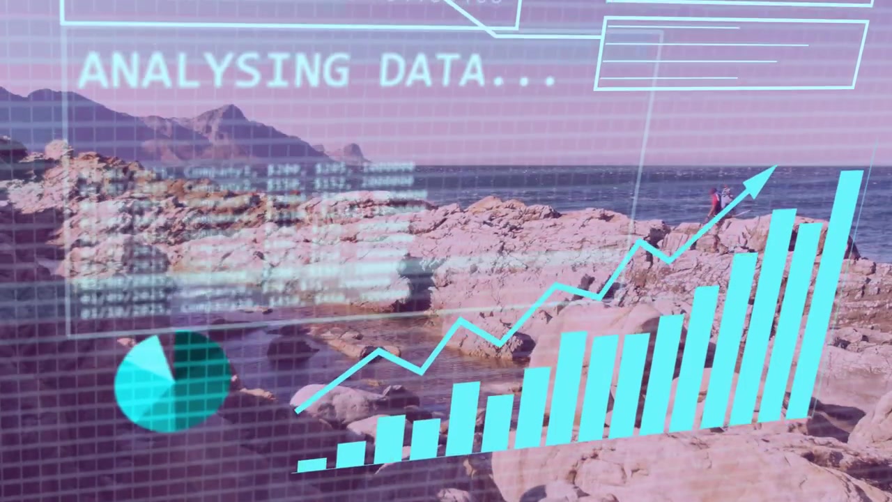 Bild som börjar med en man som står på klippor medan ett dataöverlägg visas som analyserar stigande diagram runt mannen.