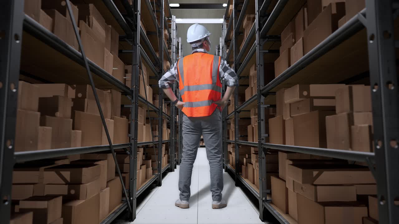 vista trasera completa del cuerpo de un ingeniero masculino asiático con casco de seguridad en el almacén con estantes llenos de mercancías de entrega. de pie con los brazos akimbo mirando a su alrededor, comprobando el stock en los estantes