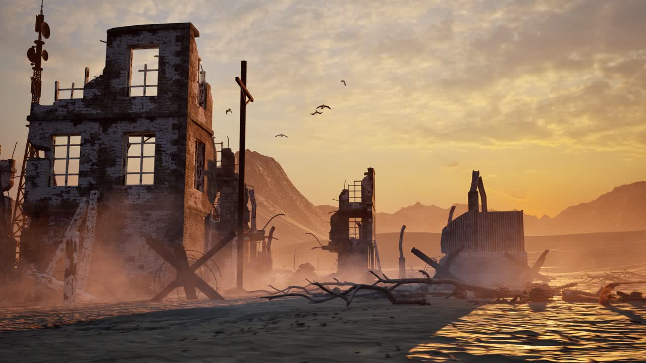 Dystopian, post apocalyptic ruined destroyed city on desert arid environment, on sunset, with bones scattered all over, dust particles, and 2 soldiers guarding, 3D animation, dolly left