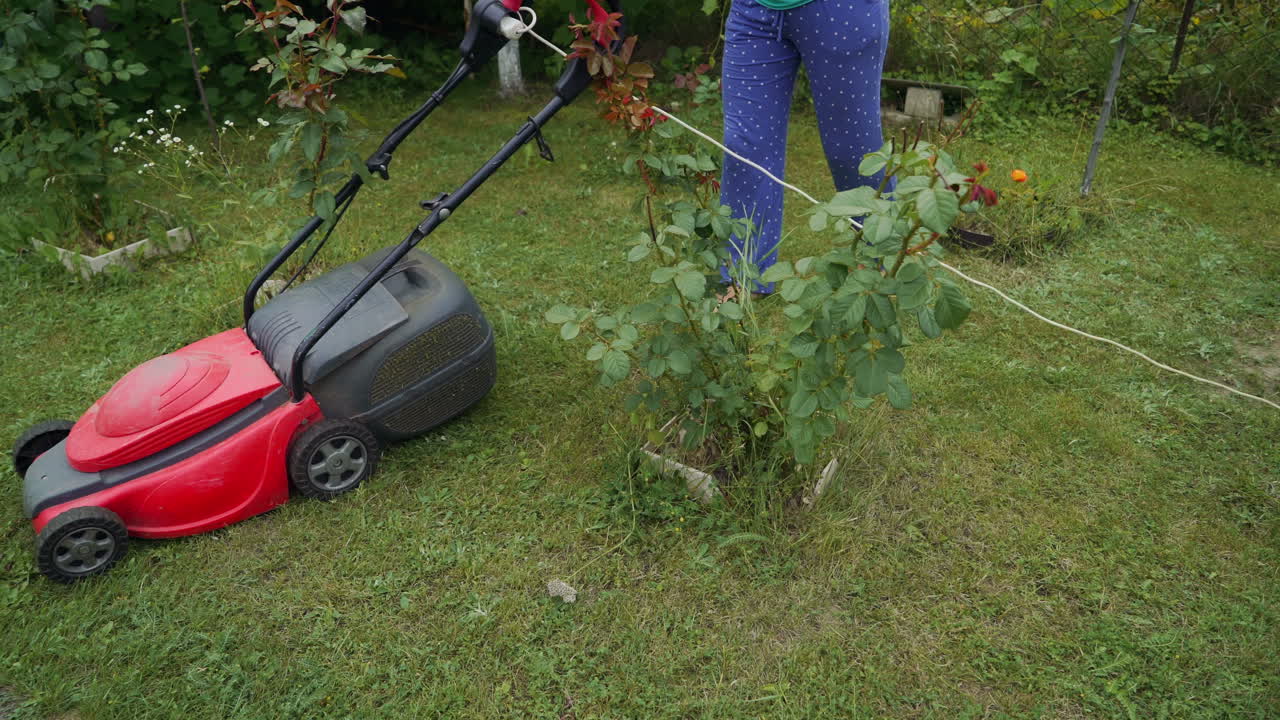 Mowing grass in the garden. Outdoor seasonal household works