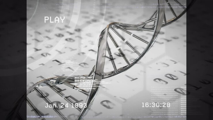 Animation of play text interface on screen with dna strand and binary coding